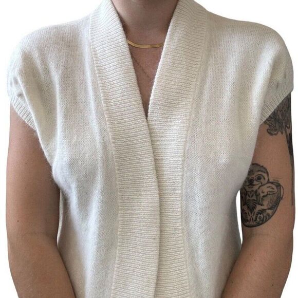 Ann Taylor Womens White Angora Blend Fluffy Fuzzy Short Sleeve Cardigan Sz S - Picture 7 of 8